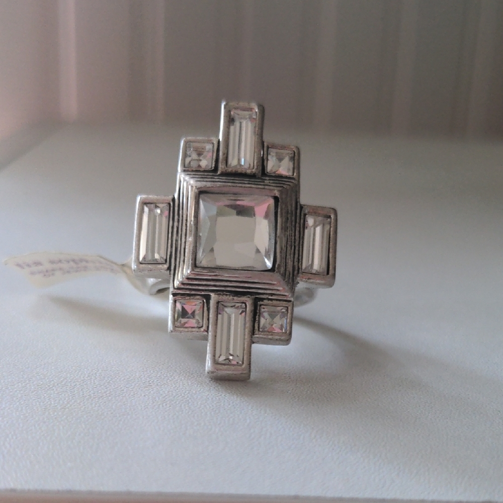 Lia Sophia Ring Chunky Art Deco Crystal Gunmetal Ring Sz 9 Silvertone NWT VTG